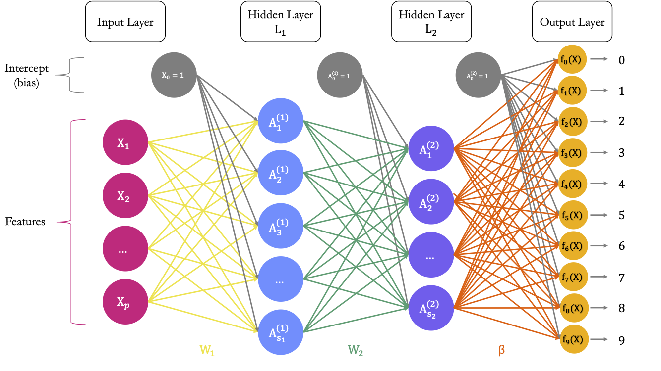 A Neural Network with $p$ predictors, two hidden layer, and 10 outputs.